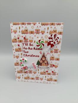 Weihnachtskarte „I’ll be Ho‑ho‑home For Christmas“ mit Lebkuchenhaus-Design